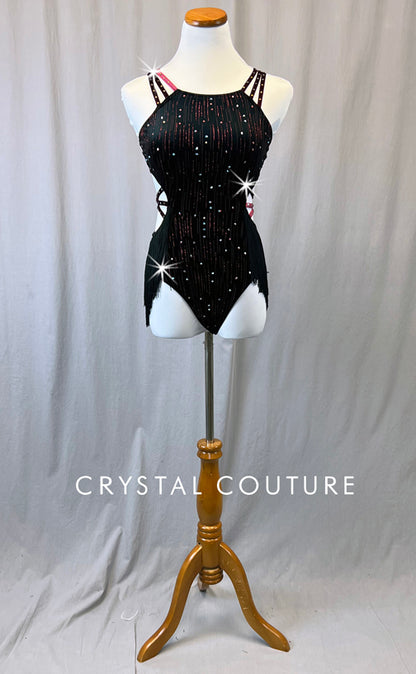 Black Velvet Leotard With Magenta Straps and Fringe - Rhinestones