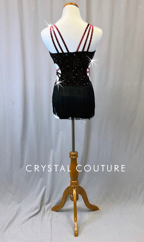 Black Velvet Leotard With Magenta Straps and Fringe - Rhinestones