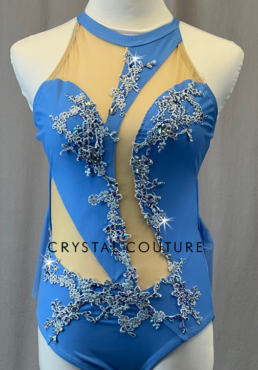 Blue Cutout Leotard with Mesh Wings - Appliques and Rhinestones