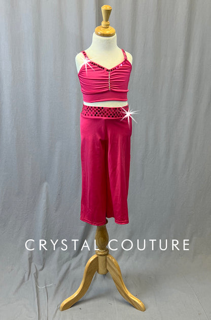 Bright Pink Bra Top with Wide Leg Pants - Rhinestones