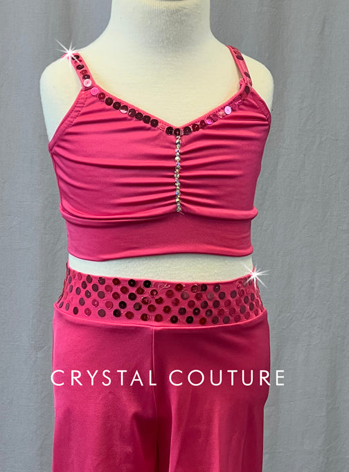 Bright Pink Bra Top with Wide Leg Pants - Rhinestones