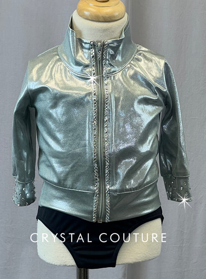 Silver Elbow Length Zip Up Jacket with Trunks and Rhinestones