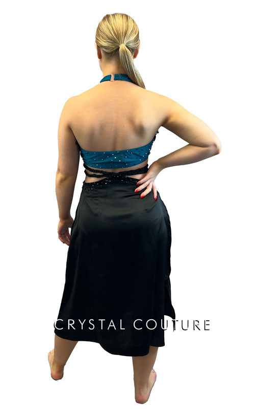 Lacy Teal Halter Top with Black Silky Criss Cross Skirt - Rhinestones