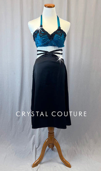 Lacy Teal Halter Top with Black Silky Criss Cross Skirt - Rhinestones