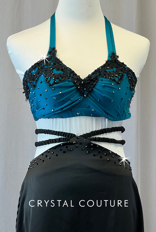 Lacy Teal Halter Top with Black Silky Criss Cross Skirt - Rhinestones
