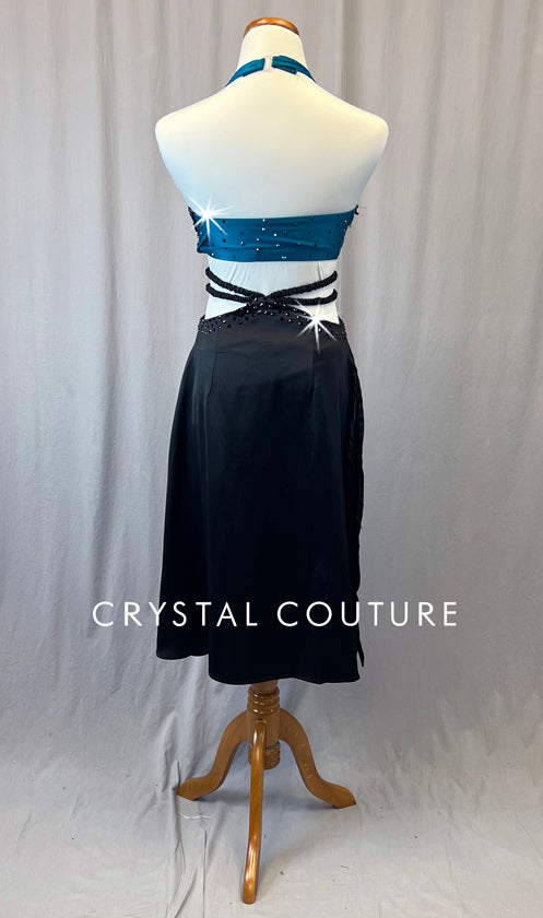 Lacy Teal Halter Top with Black Silky Criss Cross Skirt - Rhinestones