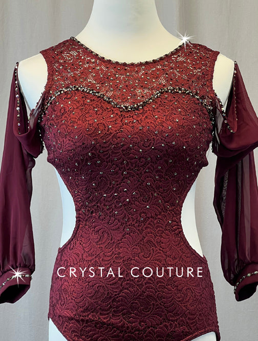 Burgundy Lace Cold Shoulder Leotard - Rhinestones