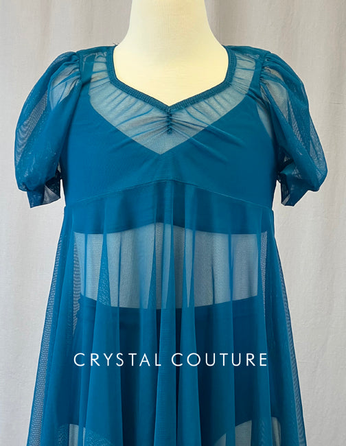 Teal Mesh Baby Doll Dress with Puff Sleeves