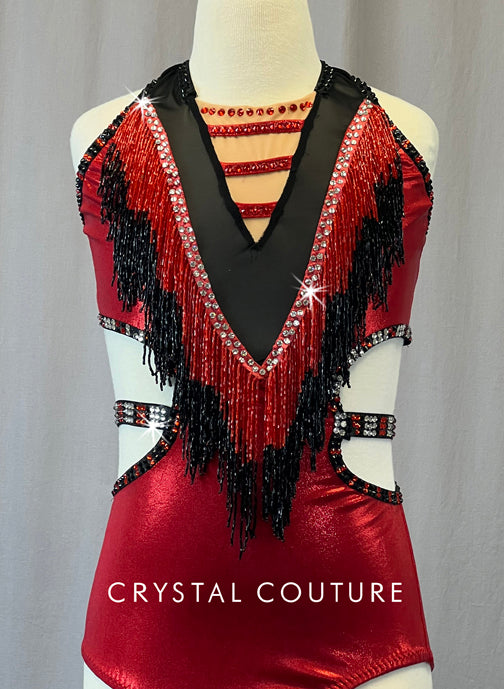 Custom Black & Red Leotard with Side Cutouts & Beaded Fringe - Rhinestones