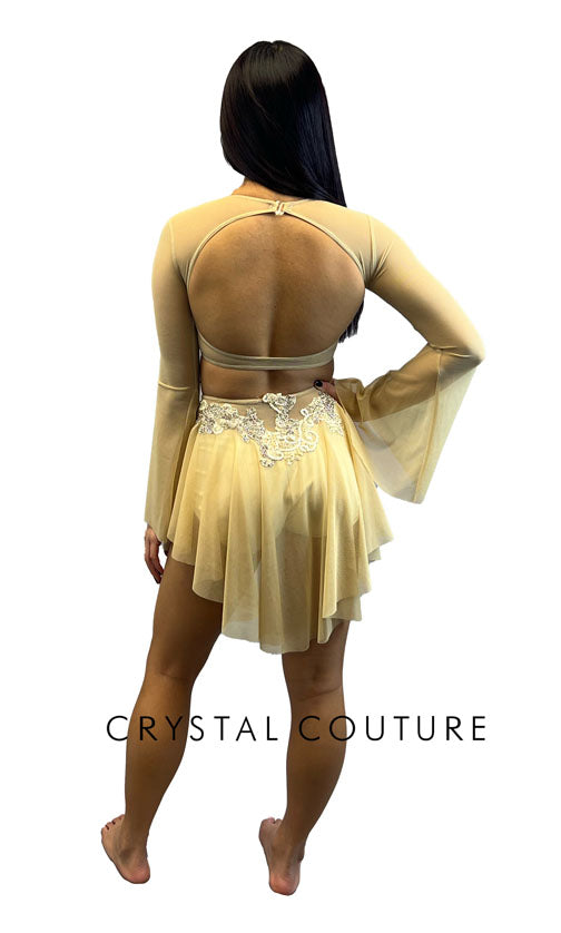 Nude Two Piece with Flutter Sleeves and Half Skirt - Rhinestones
