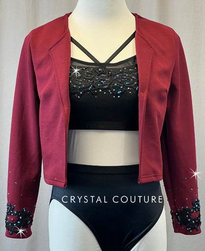 Burgundy Blazer with Black Lace Appliques and Rhinestones