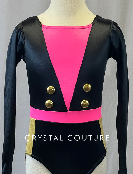 Black and Pink Long Sleeve Leotard with Gold Details