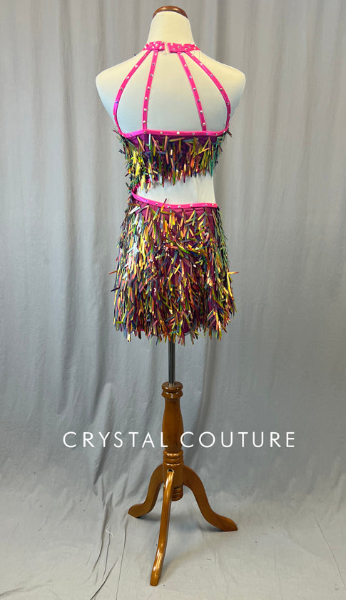 Iridescent Sequin Dress with Side Cut Out and Strappy Back - Rhinestones