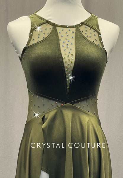 Velour Olive Green Dress with Mesh Cutouts and High Low Skirt - Rhinestones