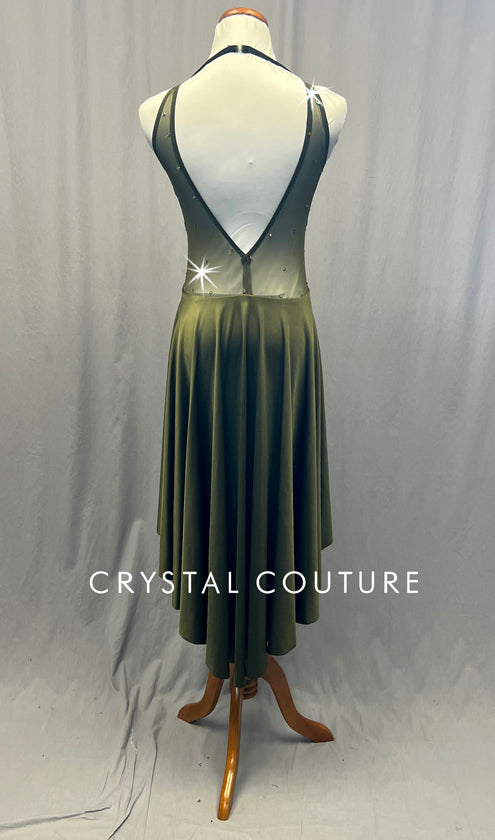 Velour Olive Green Dress with Mesh Cutouts and High Low Skirt - Rhinestones