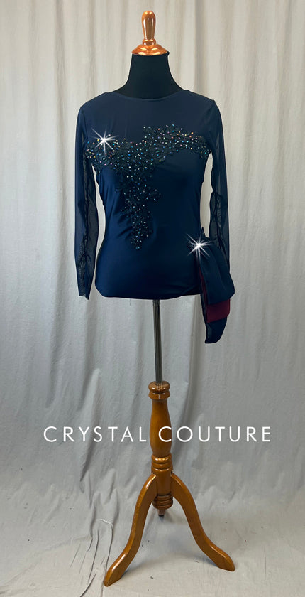 Navy Blue Leotard with Mesh Sleeves and Side Bustle - Rhinestones