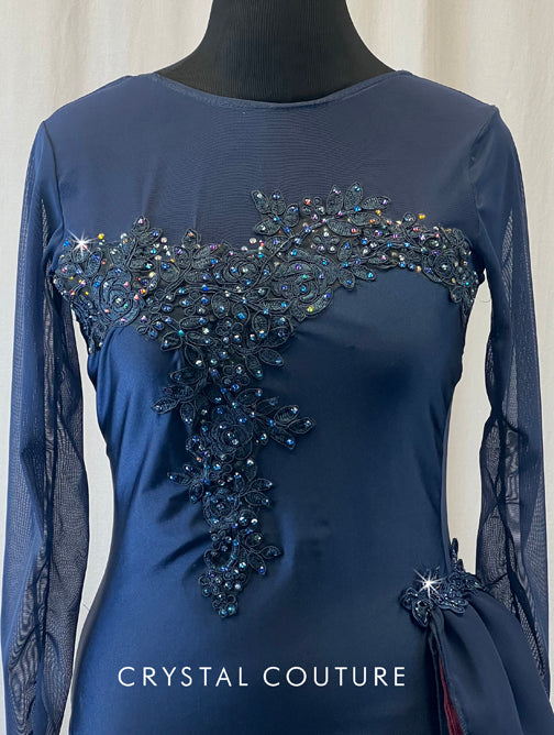 Navy Blue Leotard with Mesh Sleeves and Side Bustle - Rhinestones