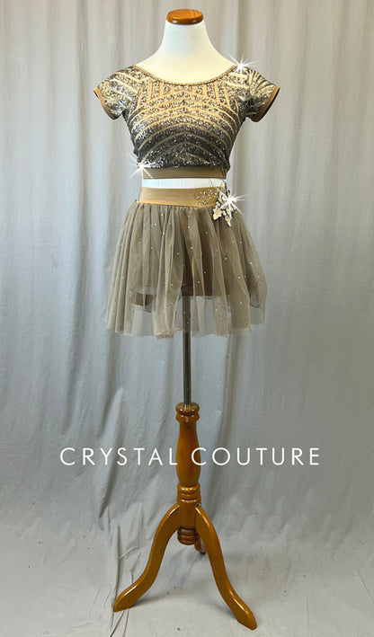 Golden Brown & Tan Sequined Crop Top with Mesh Skirt - Rhinestones