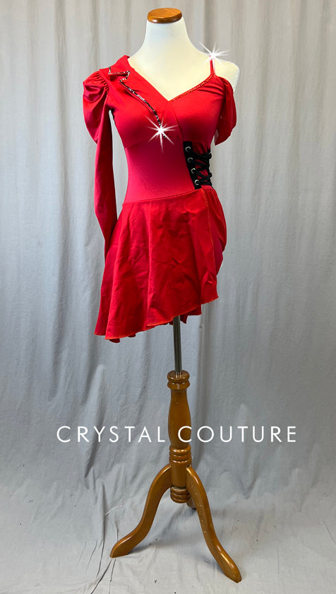 Red Asymmetrical Dress with Puff Sleeve and Corset Laced Detail - Rhinestones
