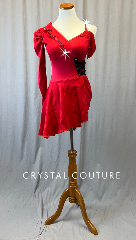 Red Asymmetrical Dress with Puff Sleeve & Corset Laced Detail - Rhinestones