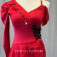 Red Asymmetrical Dress with Puff Sleeve & Corset Laced Detail - Rhinestones