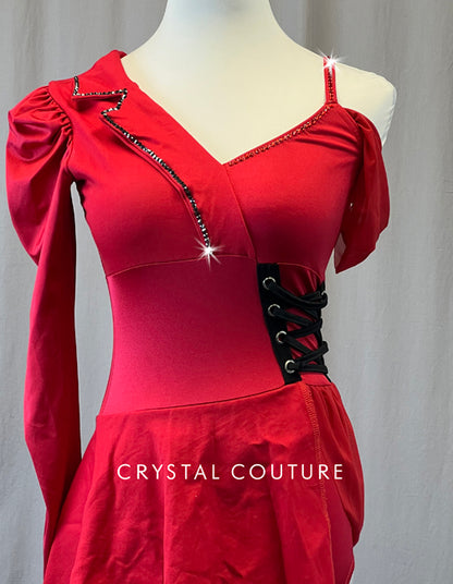 Red Asymmetrical Dress with Puff Sleeve and Corset Laced Detail - Rhinestones