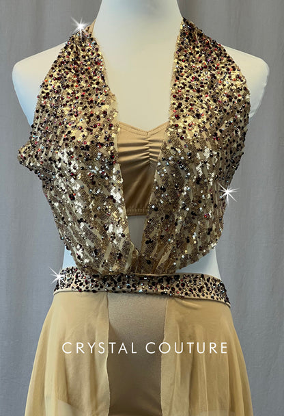 Nude Halter Dress with Mesh Half Skirt and Red Rhinestones