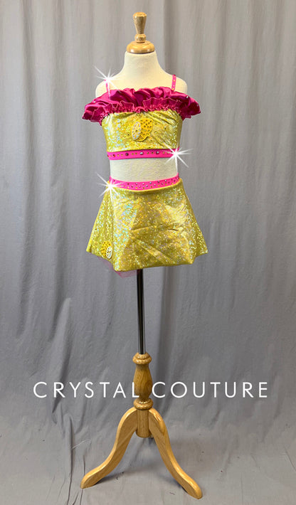 Custom Pink Lemonade Two Piece with Ruffles & Lemon Patches - Rhinestones