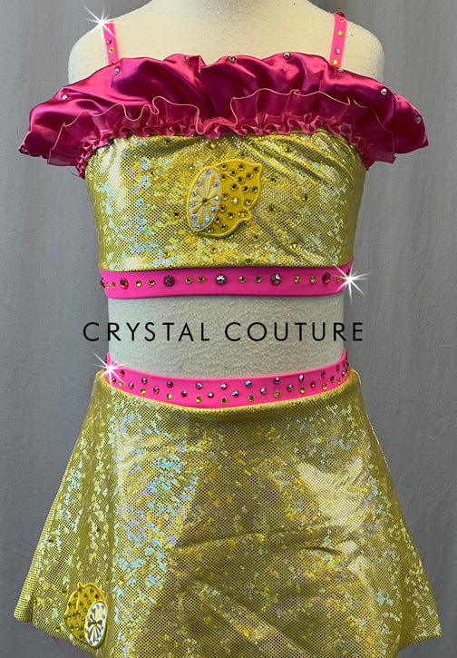 Custom Pink Lemonade Two Piece with Ruffles & Lemon Patches - Rhinestones