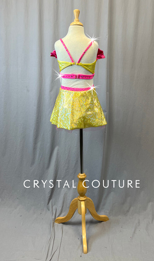 Custom Pink Lemonade Two Piece with Ruffles and Patches - Rhinestones - Size YM