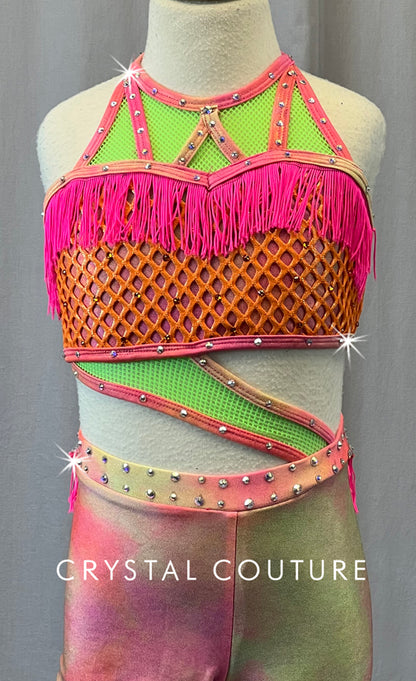 Custom Multicolor Neon Two PIece with Fringe and Rhinestones - Size YM