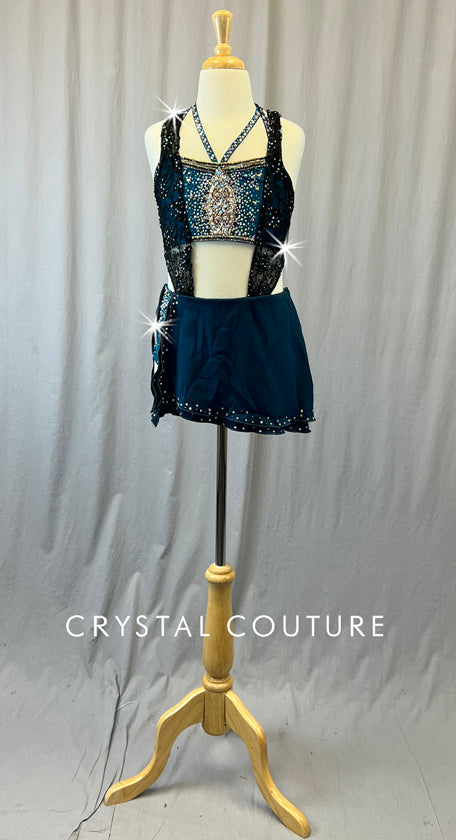 Custom Teal Two Piece with Black Lace and Short Skirt - Rhinestones and Appliques - Size AXS