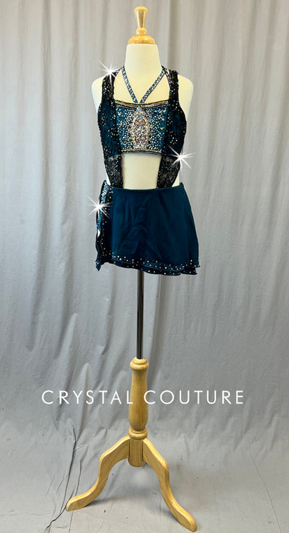 Custom Teal Two Piece with Black Lace and Short Skirt - Rhinestones & Appliques