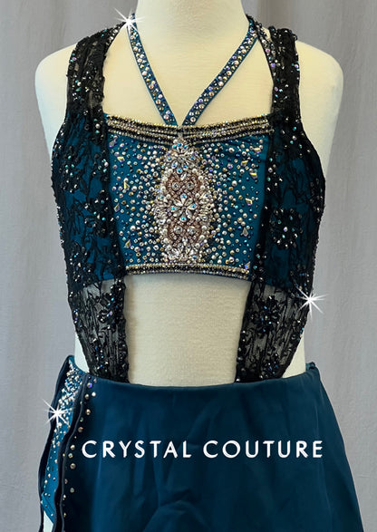 Custom Teal Two Piece with Black Lace and Short Skirt - Rhinestones and Appliques - Size AXS