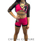 Custom Bright Pink Strappy Two Piece with Black Netted Sleeves - Rhinestones