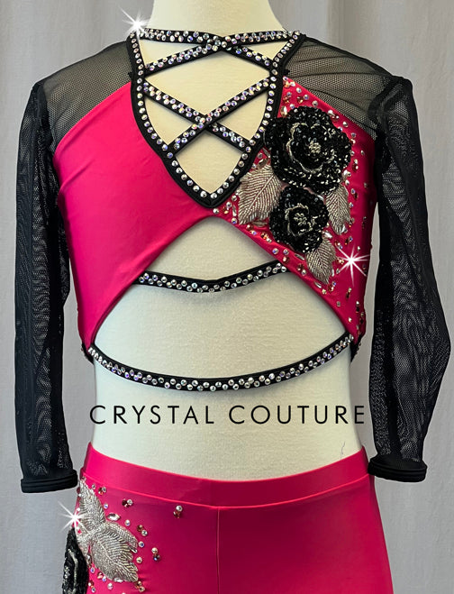 Custom Bright Pink Strappy Two Piece with Black Netted Sleeves - Rhinestones