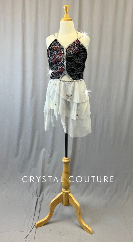 Custom Black Lace Strappy Back Leotard with Tiered Mesh Skirt - Rhinestones - Size AXS
