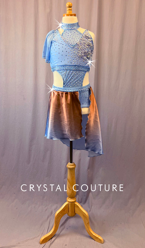 Custom Light Blue Asymmetrical Connected Two Piece with Flutter Sleeve and Ombre Skirt - Rhinestones - Size AXS