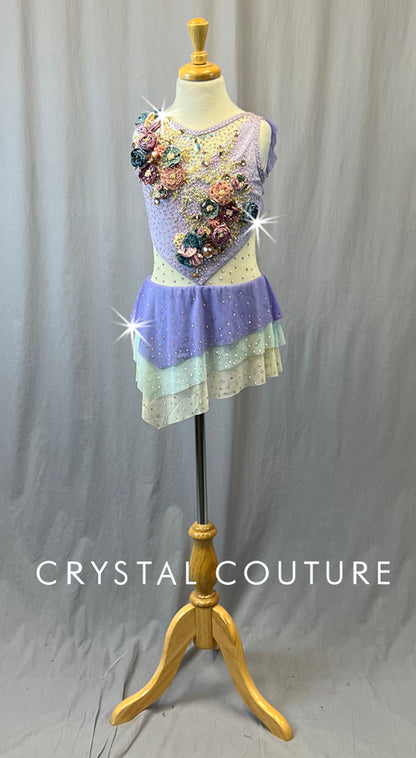 Custom Lavender Leotard with Tiered Mesh Skirt-  3D Floral Appliques & Rhinestones