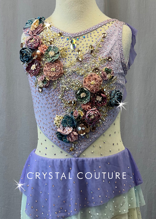 Custom Lavender Leotard with Tiered Mesh Skirt and 3D Floral Appliques - Rhinestones - Size YM