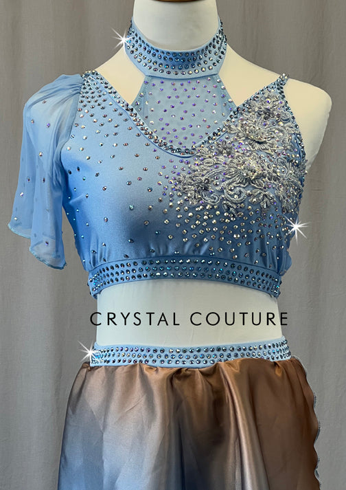 Custom Light Blue Asymmetrical Two Piece with Flutter Sleeve & Ombre Skirt - Rhinestones