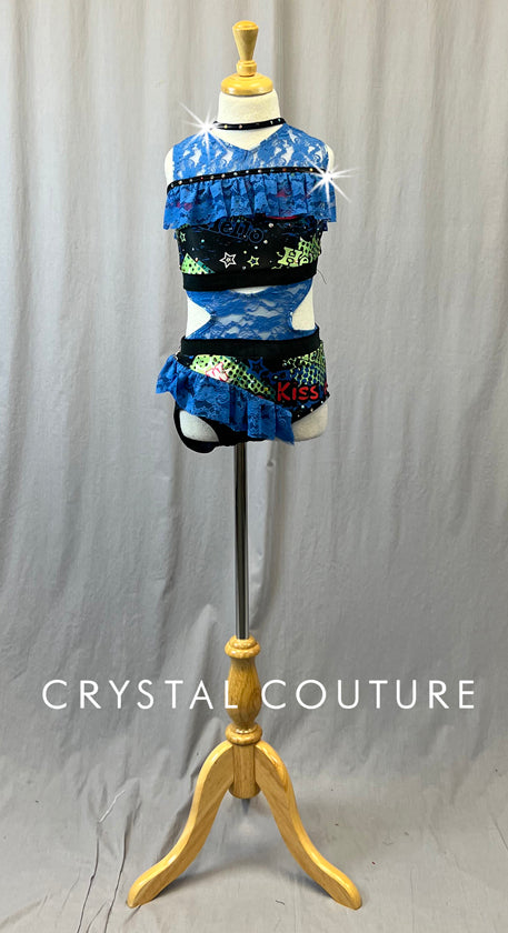 Custom Black Graphics Two Piece with Blue Lace - Rhinestones - Size YL