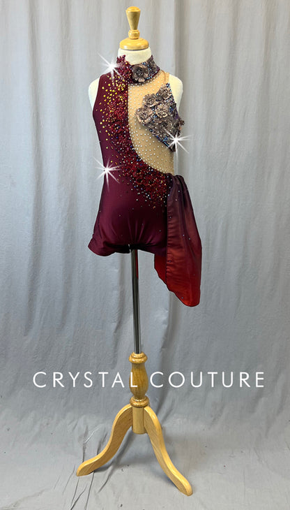 Custom Burgundy Biketard with Ombre Side Skirt & Mesh Cutouts - Appliques & Rhinestones