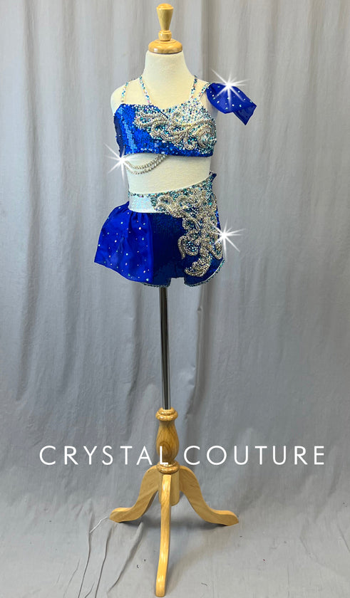 Custom Royal Blue and Silver Two Piece with with Beaded Fringe and Strappy Back - Rhinestones - Size YM