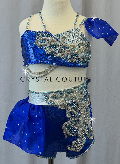 Custom Royal Blue and Silver Two Piece with with Beaded Fringe and Strappy Back - Rhinestones - Size YM