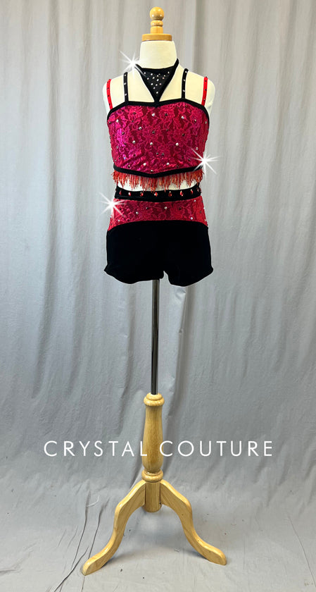 Custom Red & Black Lace Strappy Two Piece with Beaded Fringe - Rhinestones