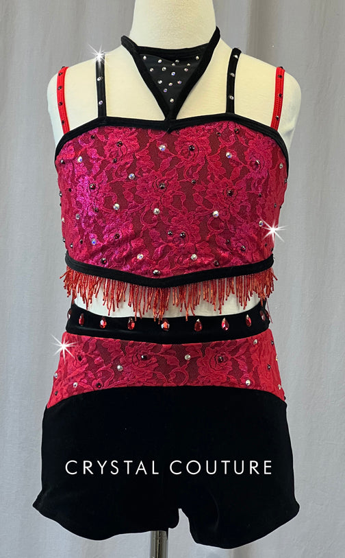 Custom Red & Black Lace Strappy Two Piece with Beaded Fringe - Rhinestones