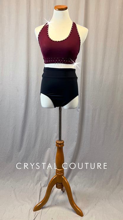 Maroon Open Back Top & Black Trunks - Rhinestones