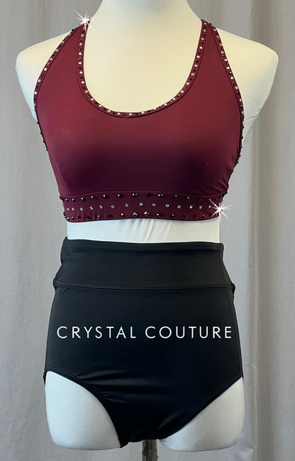 Maroon Open Back Top and Black Trunks - Rhinestones