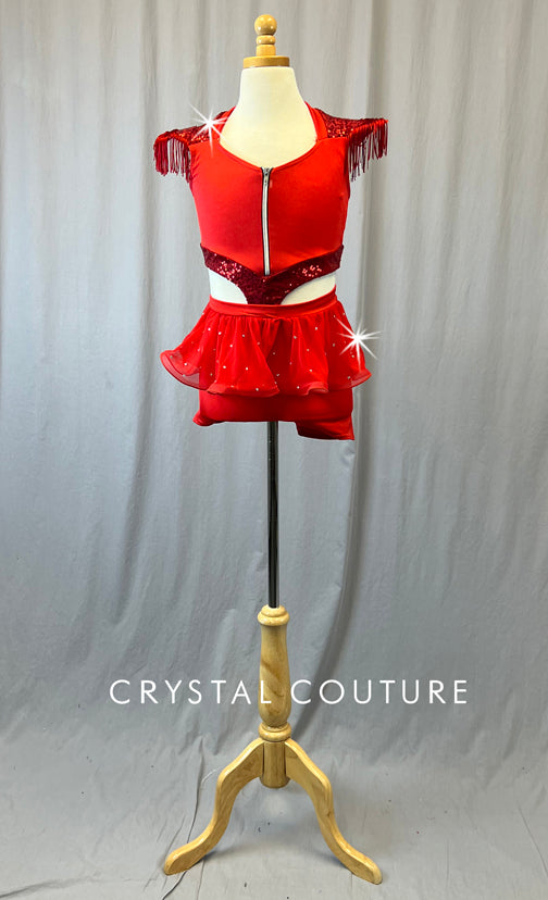 Red Connected Zip Front Biketard with Padded Shoulders Skirt - Rhinestones